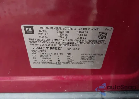 2018 Chevrolet Equinox Lt z USA, uszkodzony, nr VIN 2GNAXJEV1J6102224